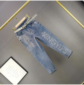 女潮高腰宽松显瘦九分烟管裤 ins欧货蓝色烫钻牛仔裤 新款 2023夏装