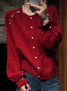 2025春季新款红色重工钉珠针织开衫女气质高级感大码显瘦毛衣外套