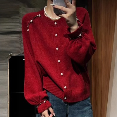2025春季新款红色重工钉珠针织开衫女气质高级感大码显瘦毛衣外套