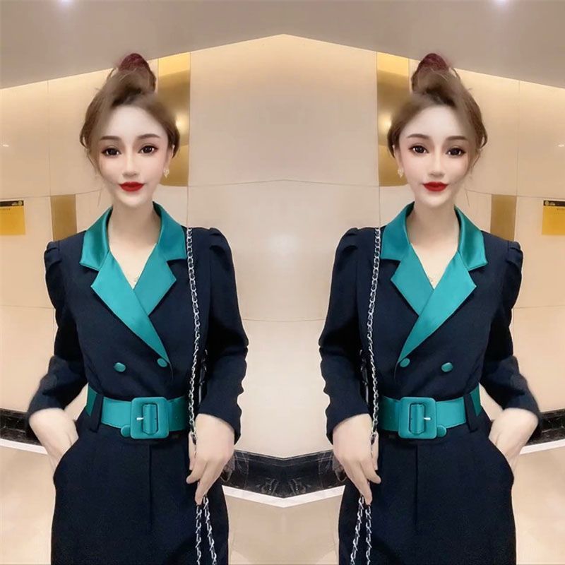 撞色收腰显瘦西装领洋气连衣裤