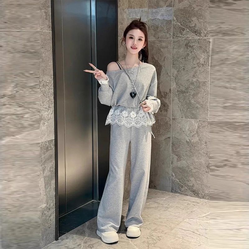 2025春季新款法式蕾丝拼接袖口露肩卫衣+蕾丝拼接卫裤两件套女潮