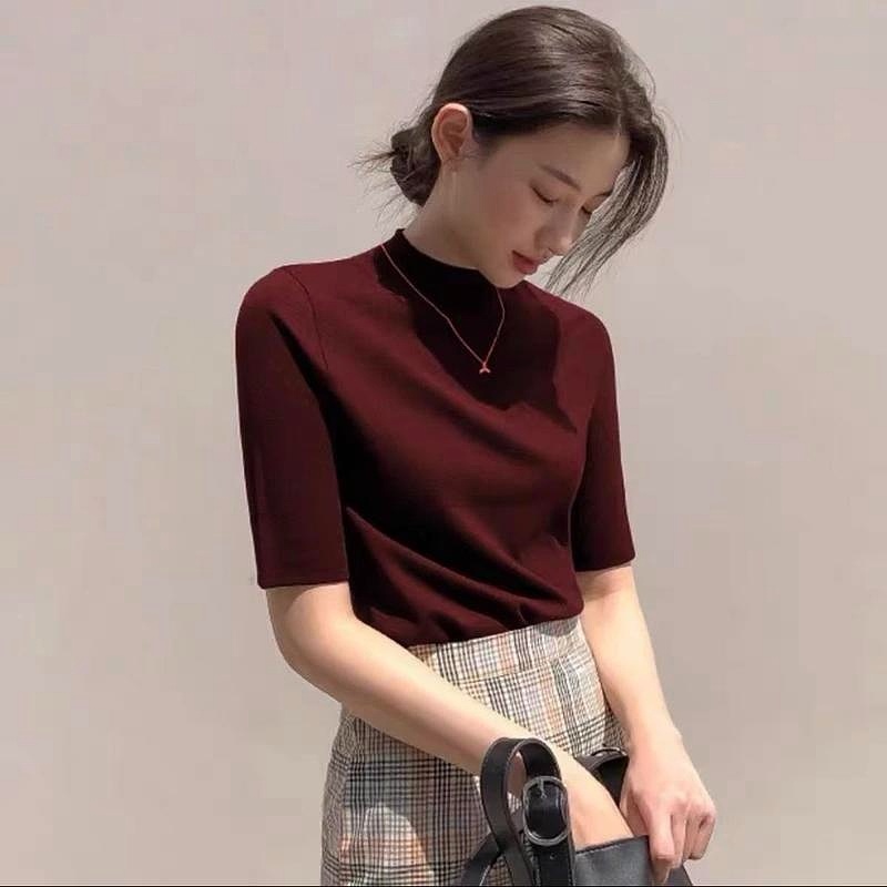 2025早春新款五分袖T恤百搭显瘦圆领内搭纯色简约安哥拉红打底衫