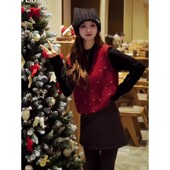 红色V领无袖 小香风镶钻宽松针织上衣 法式 背心马甲女2026春季 新款