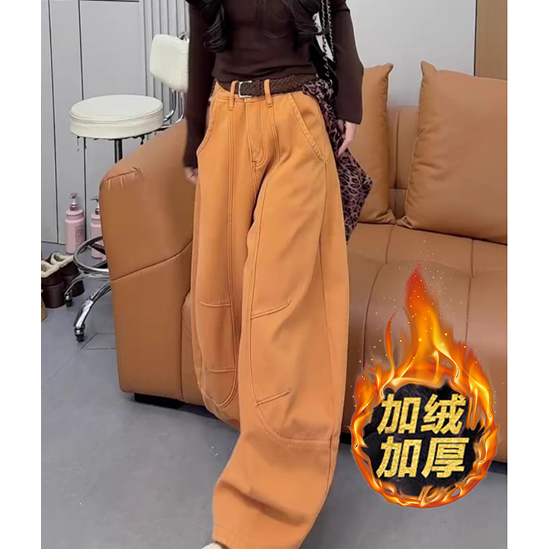 时尚洋气加绒橘色弯刀牛仔裤女2025年秋冬新款高腰显瘦宽松阔腿裤