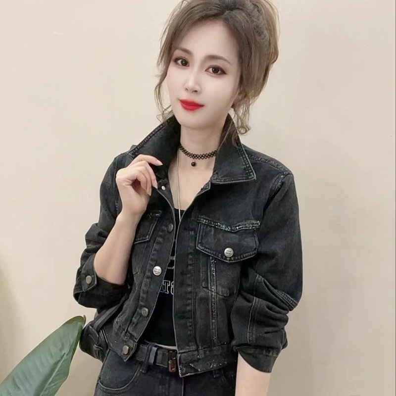 水洗黑短款牛仔外套2024年秋季新品立领时尚百搭显瘦减龄长袖上衣