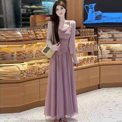 2025春夏季新款温柔风修身网纱吊带上衣半身裙薄款长袖开衫套装女