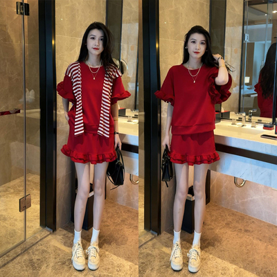 夏日清凉休闲宽松设计感蛋糕花边短袖T恤时尚套装女纯色百搭短裙