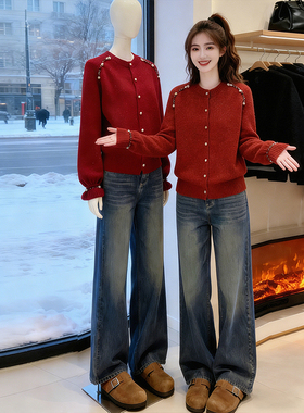 红色重工钉珠针织开衫女2026冬季新款气质高级感大码显瘦毛衣外套
