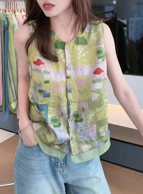 两面可穿绿色背心女夏季印花开衫2025年新款复古洋气减龄无袖上衣