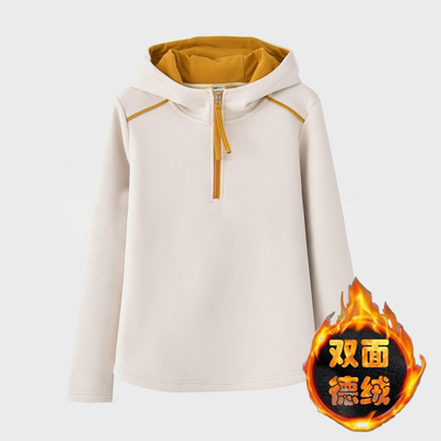 2024秋冬设计感双面德绒保暖卫衣时尚拼色连帽半拉链打底衫上衣女