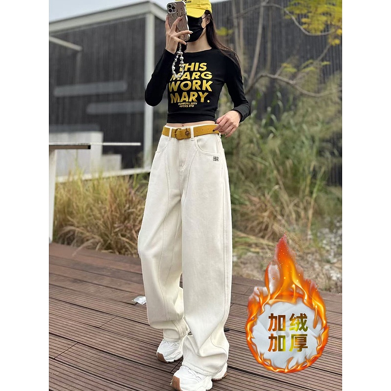 加绒加厚口袋刺绣直筒牛仔裤女2024秋冬新款时尚显瘦百搭高腰长裤