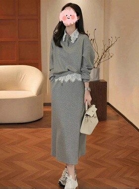 蕾丝拼接灰色卫衣休闲减龄套装裙女2025春季绝美独特设计两件套潮