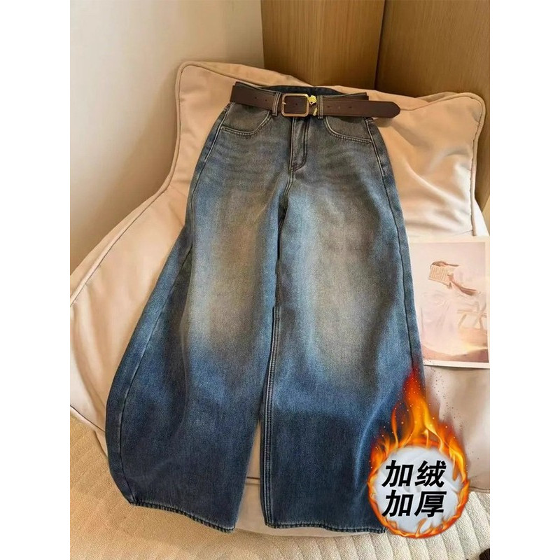 秋冬美式复古宽松显瘦弯刀裤女高腰阔腿裤百搭长裤加绒直筒牛仔裤,女装/女士精品,牛仔裤,淘宝优惠券,粉丝福利购,淘宝优惠卷