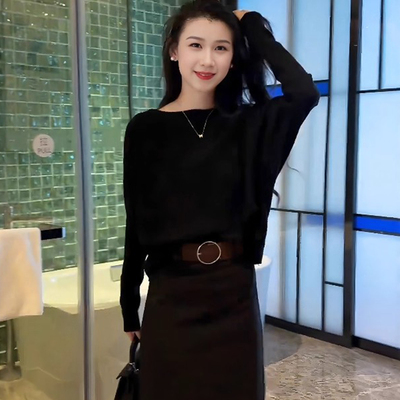 轻熟风一字领蝙蝠袖针织衫女秋冬新款法式高级感咖色百搭显瘦上衣