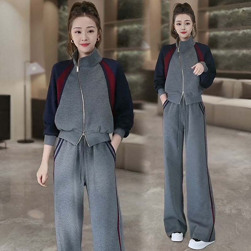 2024秋冬季新款时尚撞色上衣直筒裤两件套女气质减龄休闲运动套装