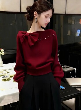 毛衣女款2026年新款春季巨好看气质高端红色蝴蝶结内搭针织衫上衣