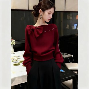 毛衣女款2026年新款春季巨好看气质高端红色蝴蝶结内搭针织衫上衣