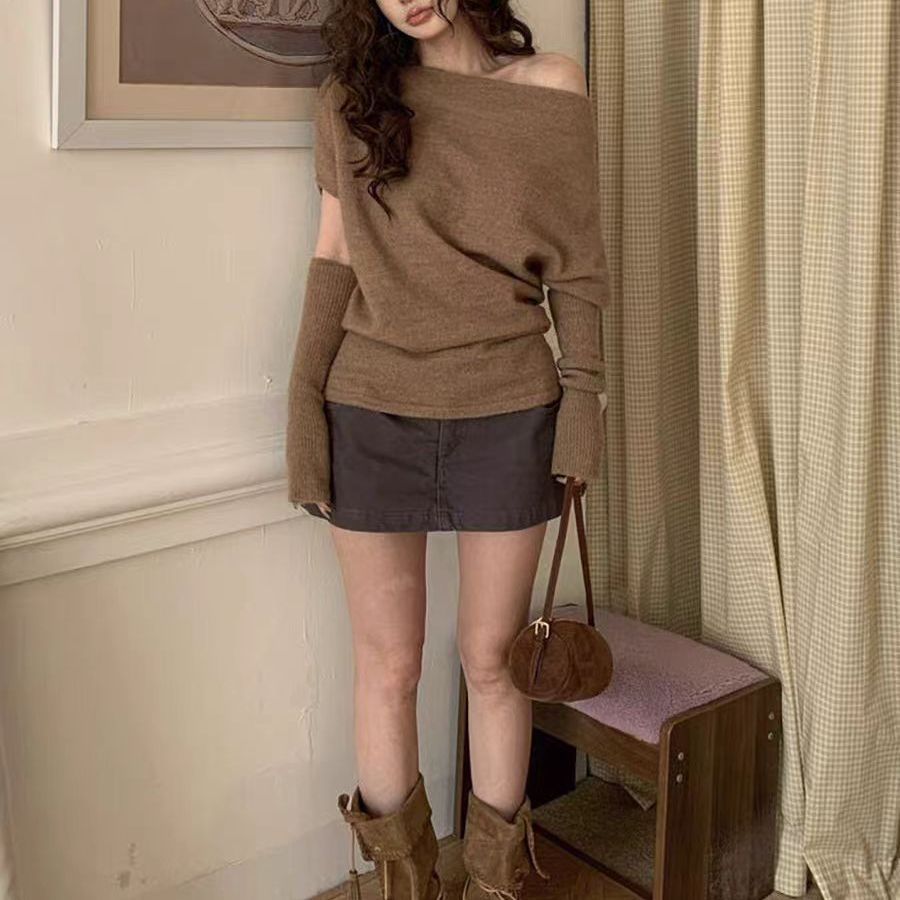 2025秋季新款韩系慵懒风辣妹一字领带袖套毛衣时尚潮流气质上衣女