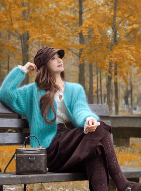 蓝色V领毛衣女25年秋法式独特气质减龄多巴胺氛围感穿搭软糯上衣