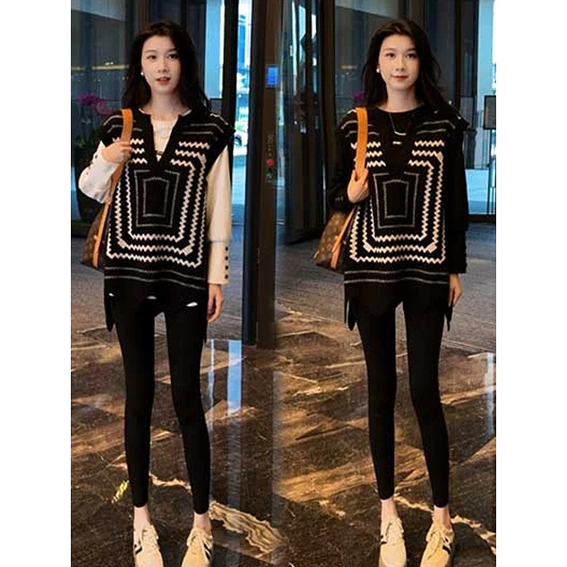 秋季新款大码欧货宽松V领毛衣提花叠穿针织马甲胖mm外搭无袖上衣