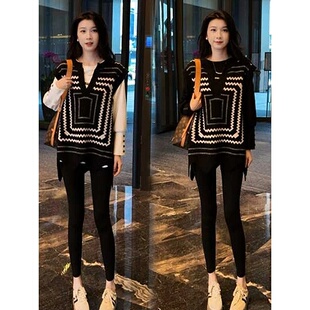 欧货宽松V领毛衣提花叠穿针织马甲胖mm外搭无袖 大码 上衣 新款 秋季