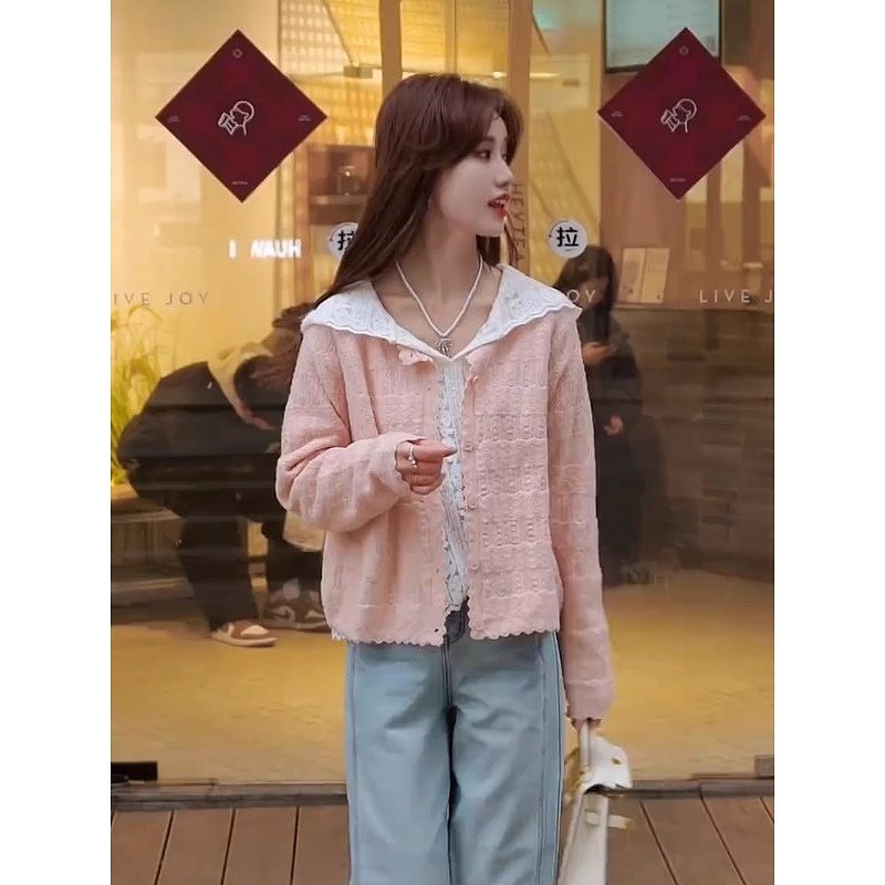 2025年春季新款镂空花边简约针织外套风纯色气质糖果色开衫针织衫