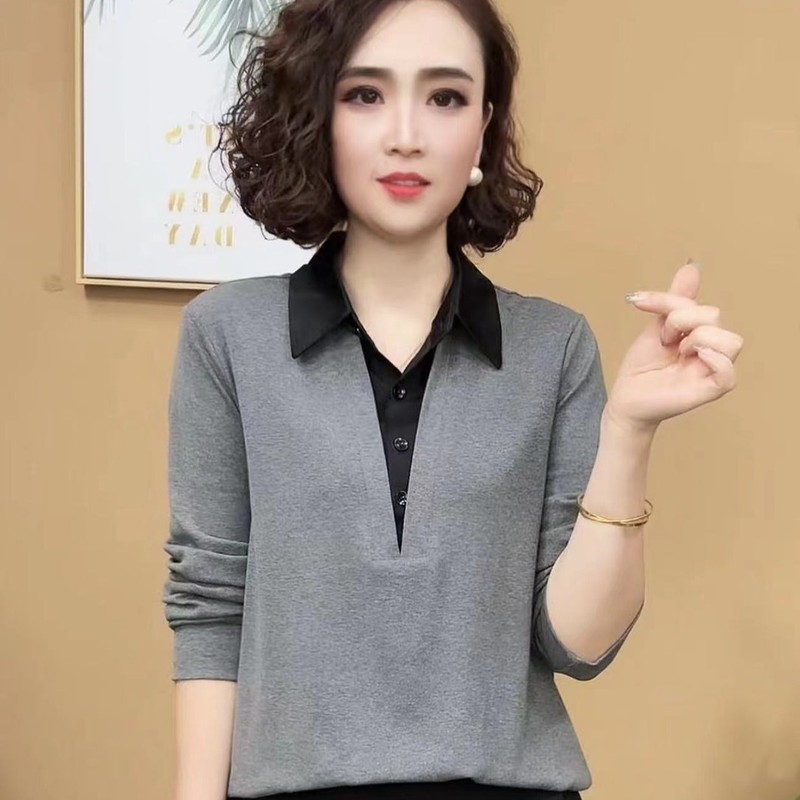2025秋季新款时尚洋气百搭假两件翻领长袖气质打底衫女士休闲上衣