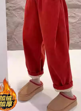 红色灯芯绒休闲直筒阔腿裤子2025新款今年流行爆款加厚显瘦梧桐裤