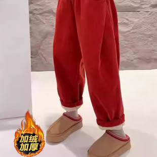 红色灯芯绒休闲直筒阔腿裤子2025新款今年流行爆款加厚显瘦梧桐裤