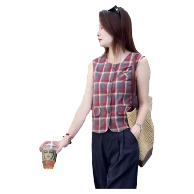 欧货无袖格子衬衫女夏季薄款坎肩背心设计感洋气外穿开衫马甲上衣