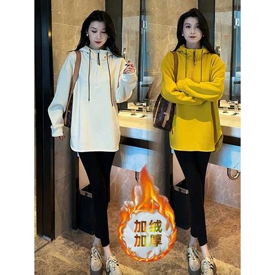 加绒加厚连帽卫衣女冬季小众设计感时尚休闲半拉链百搭中长款上衣