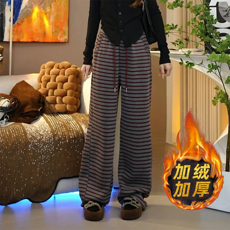 加绒加厚保暖条纹休闲裤女2024秋冬季新款抽绳百搭直筒宽松阔腿裤