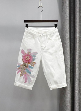 重工外穿牛仔白色休闲五分裤女2025夏季新款百搭宽松显瘦直筒中裤