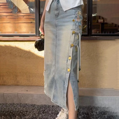 国风新中式 牛仔裙潮 设计感牛仔开叉半身裙百搭显瘦高腰水洗中长款