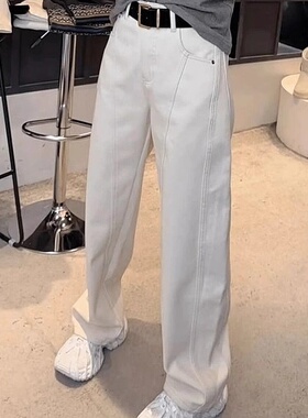 白色直筒高腰牛仔裤女2025春季时尚潮流爆款垂坠弯刀裤阔腿裤子女