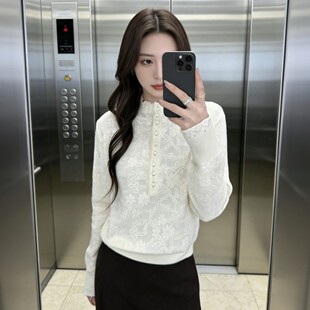 大码法式轻奢木耳边蕾丝针织衫女春季新款钉珠高级感气质内搭上衣