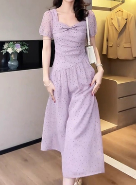 高端精致气质紫色波点连衣裙2025夏季新款度假风法式茶歇长裙女装