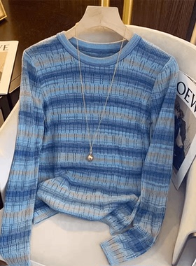 破洞镂空条纹软糯毛衣女2024早秋温柔盐系复古设计感小众针织衫潮