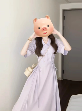 大码2025夏季新款浅紫色学院风连衣裙女通勤百搭洋气衬衫长裙子仙