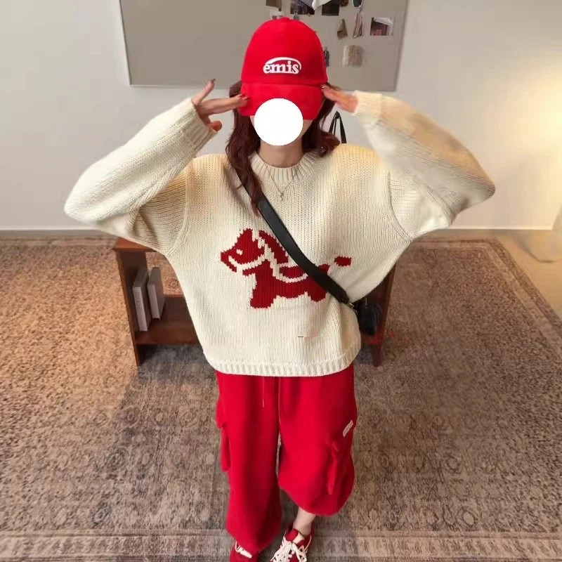 法式简约风圆领套头针织衫女红色小马提花宽松百搭毛衣高级感上衣,女装/女士精品,毛针织衫,淘宝优惠券,粉丝福利购,淘宝优惠卷