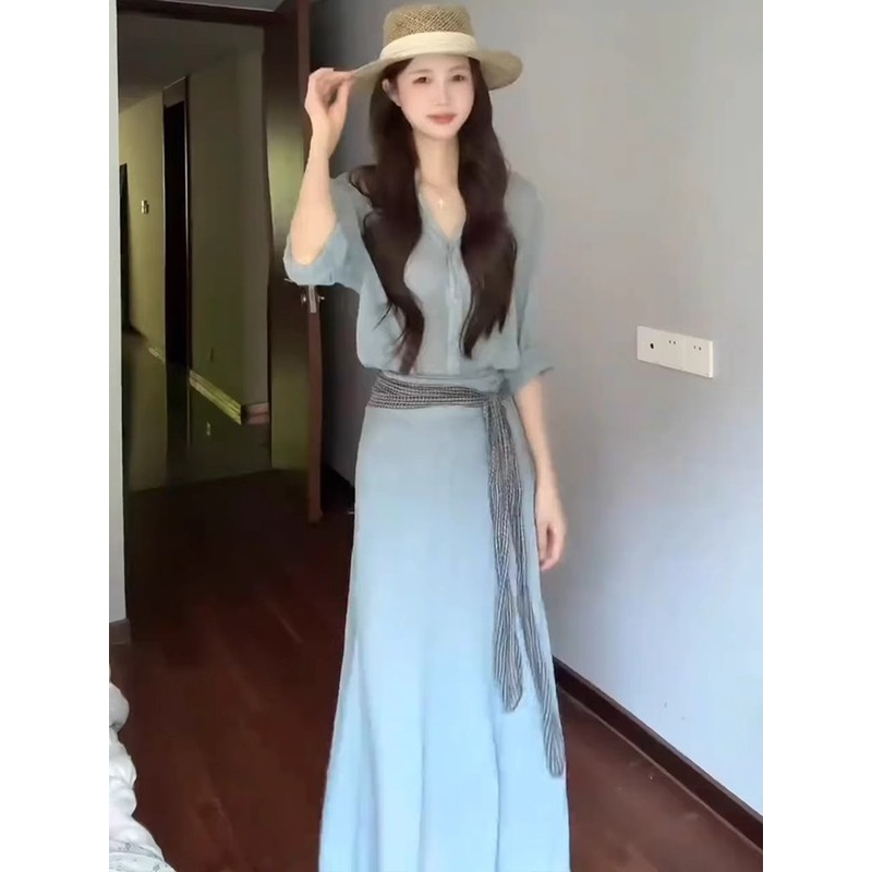 休闲风复古气质套装女2025夏季新款宽松衬衫半身裙两件套简约女装