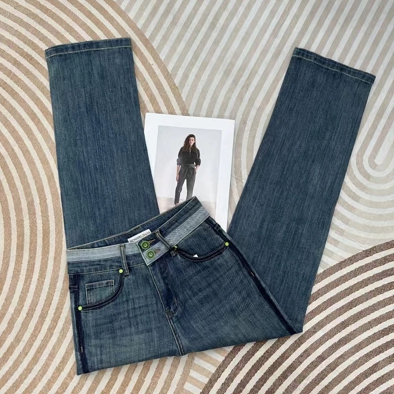 2025春季新款弹力撞色直筒牛仔裤女高腰窄版百搭修身气质显瘦长裤