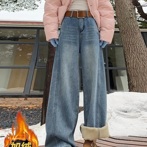 复古蓝色加绒阔腿弯刀牛仔裤2025冬季新款设计感宽松拖地直筒裤潮