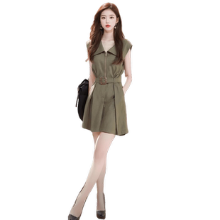 显瘦时尚气质款卡其色翻领短袖收腰连衣裙超好看大方得体的裙子女