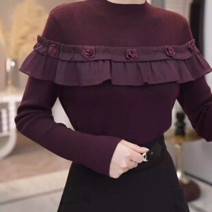 轻奢酒红色荷叶边袖针织衫女秋冬高级感气质毛衣上衣洋气打底衫