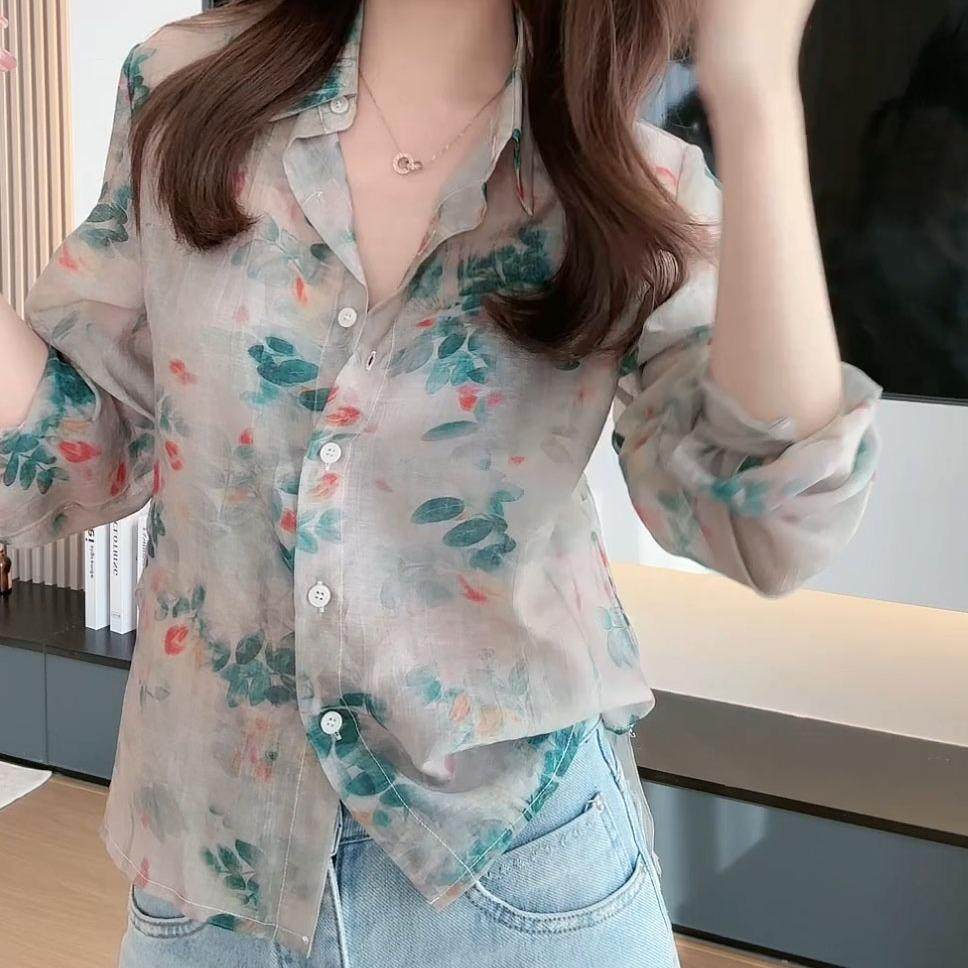 2025春夏季新款港风气质设计感碎花小衫女人味显白显瘦长袖衬衫女