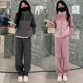 2024秋冬季 两件套 女拼接羽绒外套阔腿裤 新款 洋气毛呢休闲运动套装