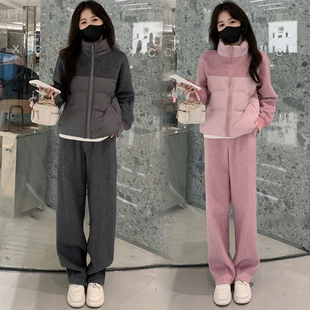 女拼接羽绒外套阔腿裤 洋气毛呢休闲运动套装 两件套 新款 2024秋冬季