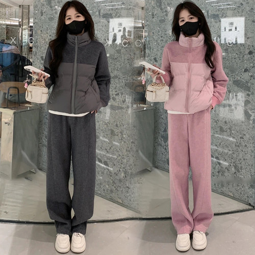 2024秋冬季新款洋气毛呢休闲运动套装女拼接羽绒外套阔腿裤两件套