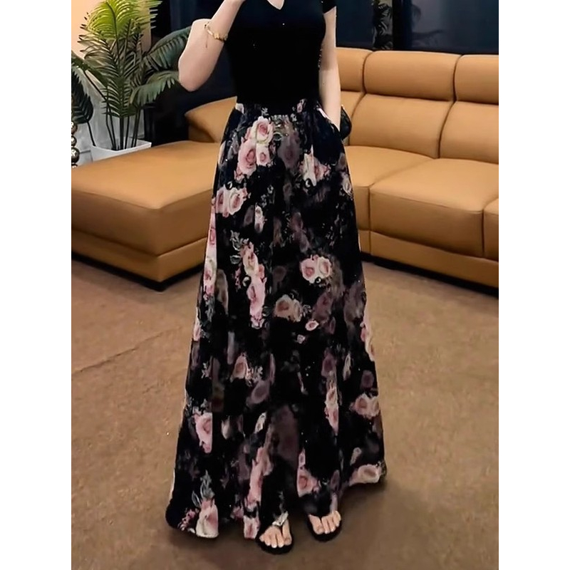 高腰玫瑰花朵印花细闪垂感半身裙女25年夏季新款宽松显瘦拖地长裙